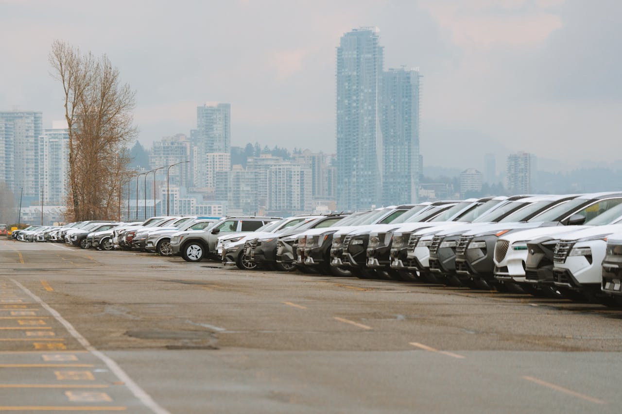 A line of parked cars in an urban parking lot with a city skyline in the background.
